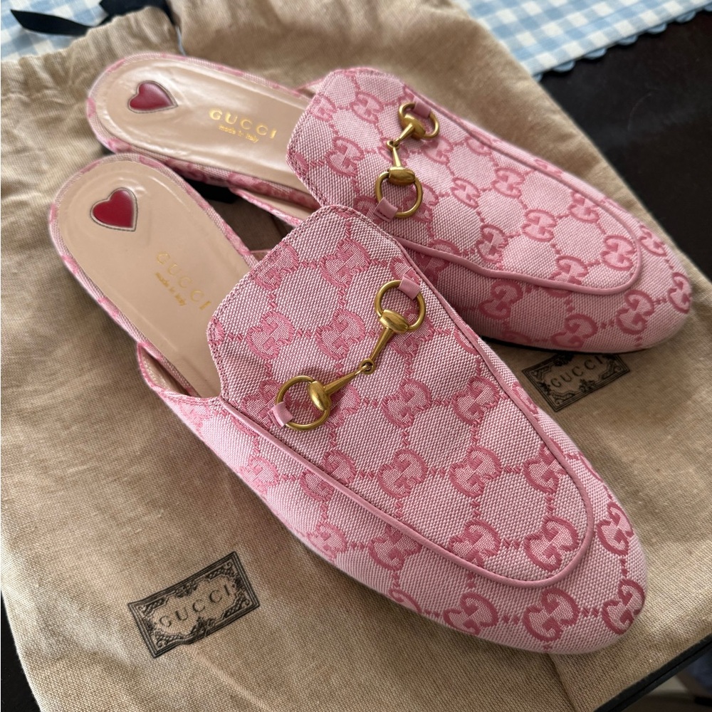 Gucci Pink GG Canvas Horsebit Backless Mules